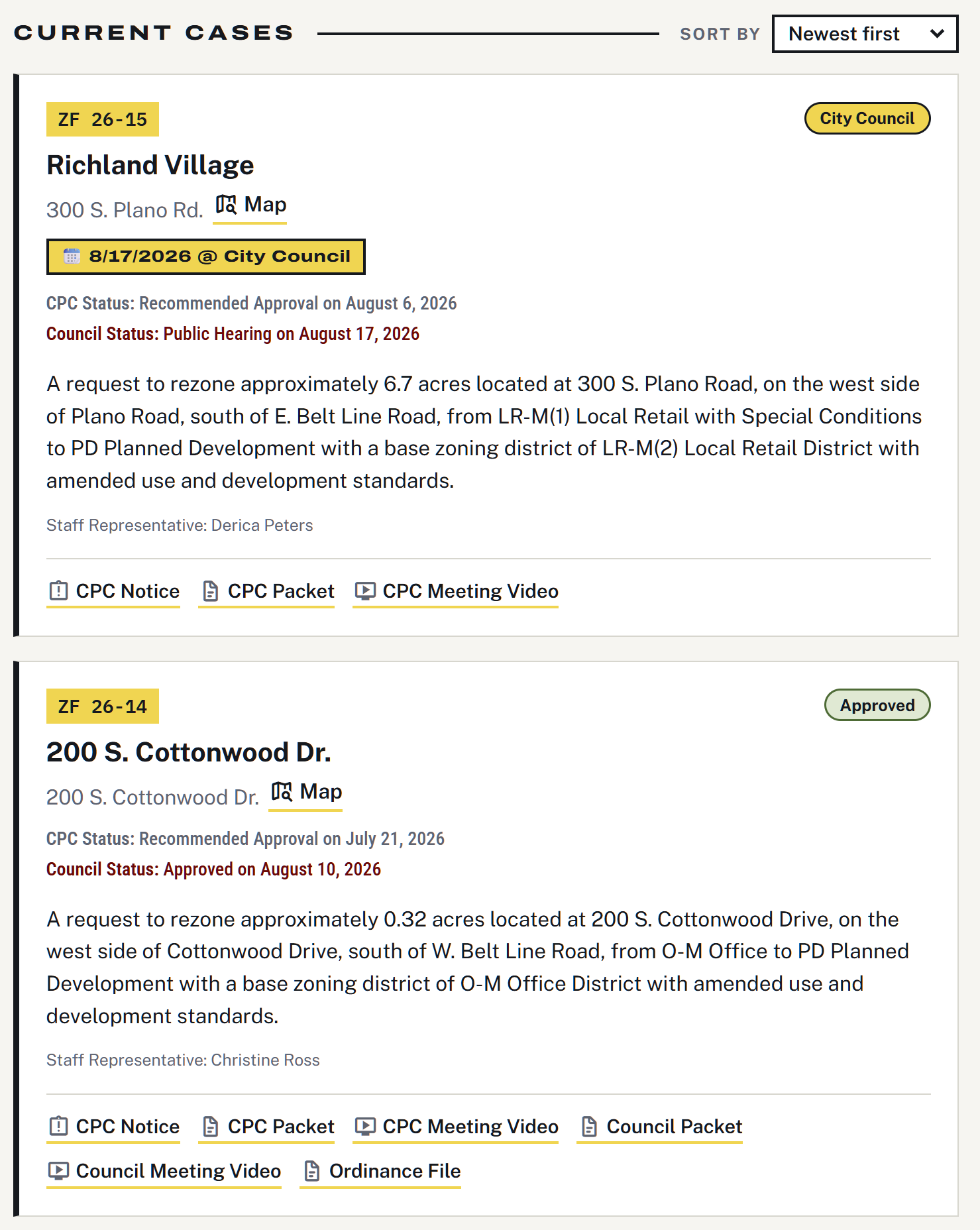 Zoning Watch's Current Cases view: Richardson zoning case cards with case numbers, status chips, hearing dates, CPC and Council status, plain-language summaries, and links to official documents